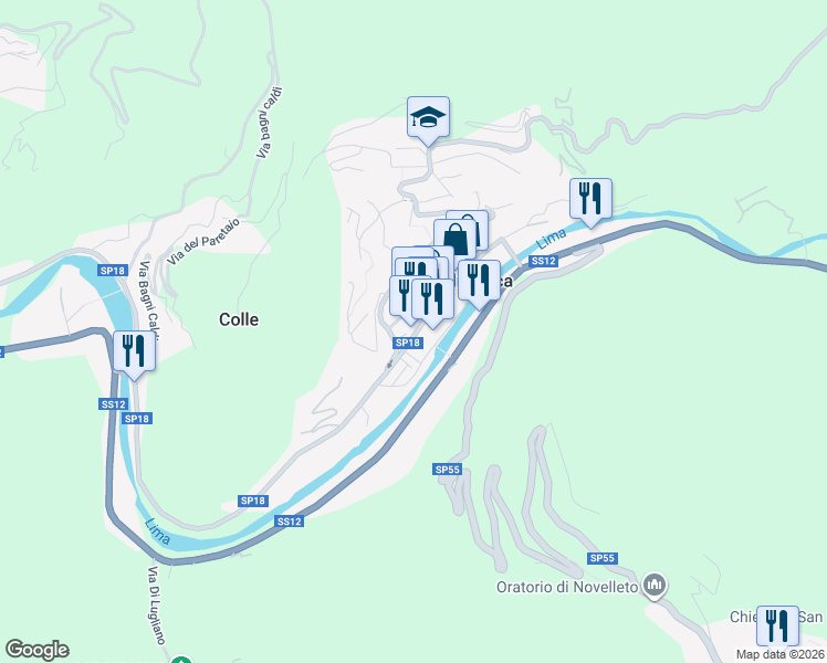 map of restaurants, bars, coffee shops, grocery stores, and more near 3 Viale Marion Crawford in Bagni di Lucca