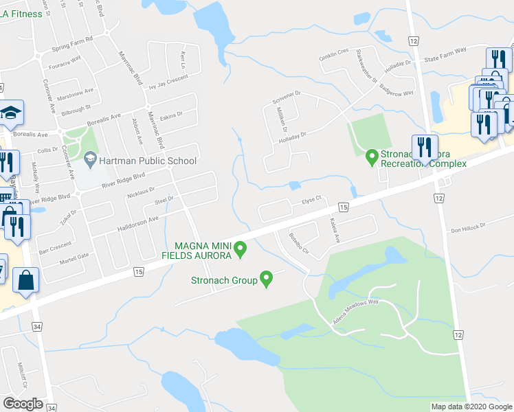 map of restaurants, bars, coffee shops, grocery stores, and more near 280 Elyse Court in Aurora