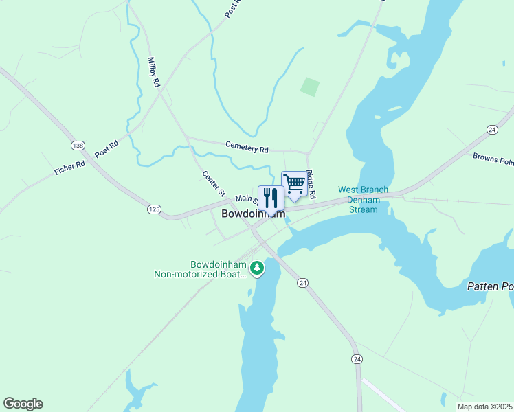 map of restaurants, bars, coffee shops, grocery stores, and more near 1 Church Street in Bowdoinham
