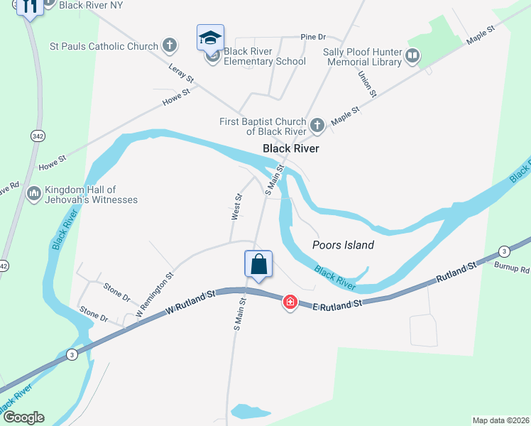 map of restaurants, bars, coffee shops, grocery stores, and more near Saint Regis Street in Black River