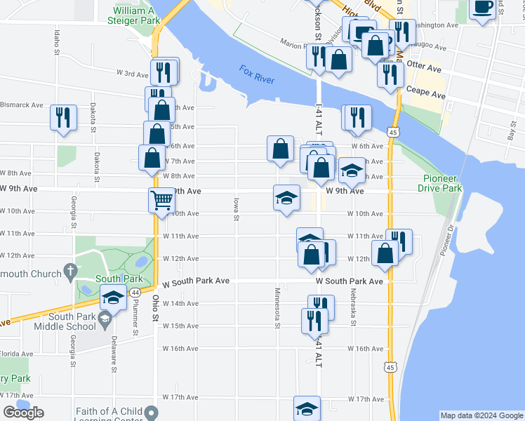 map of restaurants, bars, coffee shops, grocery stores, and more near 336 West 10th Avenue in Oshkosh