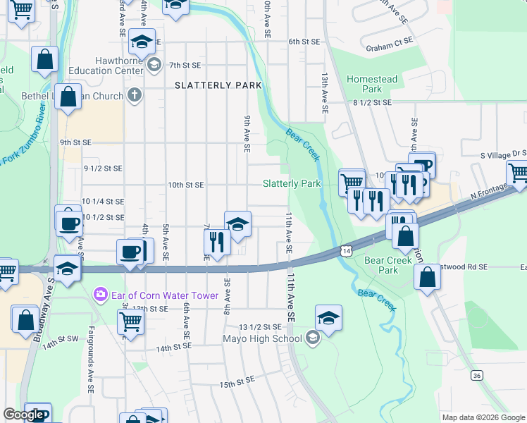 map of restaurants, bars, coffee shops, grocery stores, and more near 1020 9th Avenue Southeast in Rochester