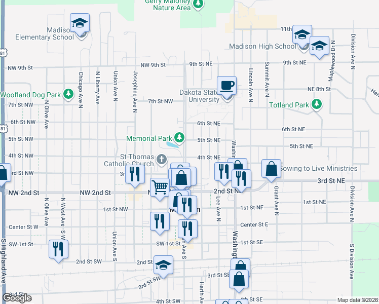 map of restaurants, bars, coffee shops, grocery stores, and more near 500 Egan Avenue North in Madison