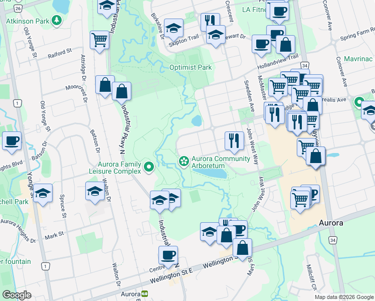 map of restaurants, bars, coffee shops, grocery stores, and more near 9 Mugford Road in Aurora