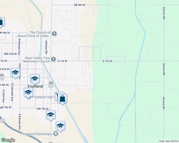 map of restaurants, bars, coffee shops, grocery stores, and more near 2113 East 1st Street in Fruitland