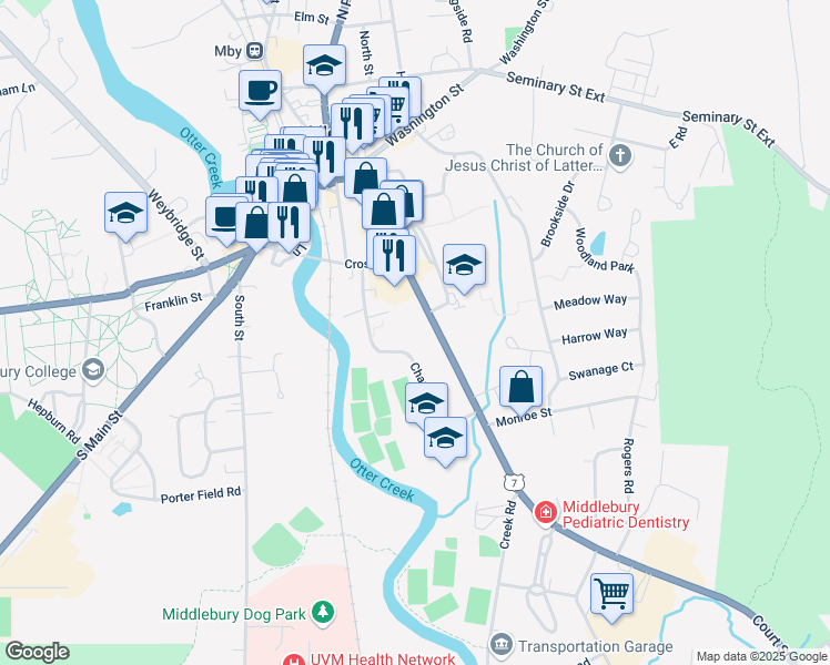 map of restaurants, bars, coffee shops, grocery stores, and more near in Middlebury