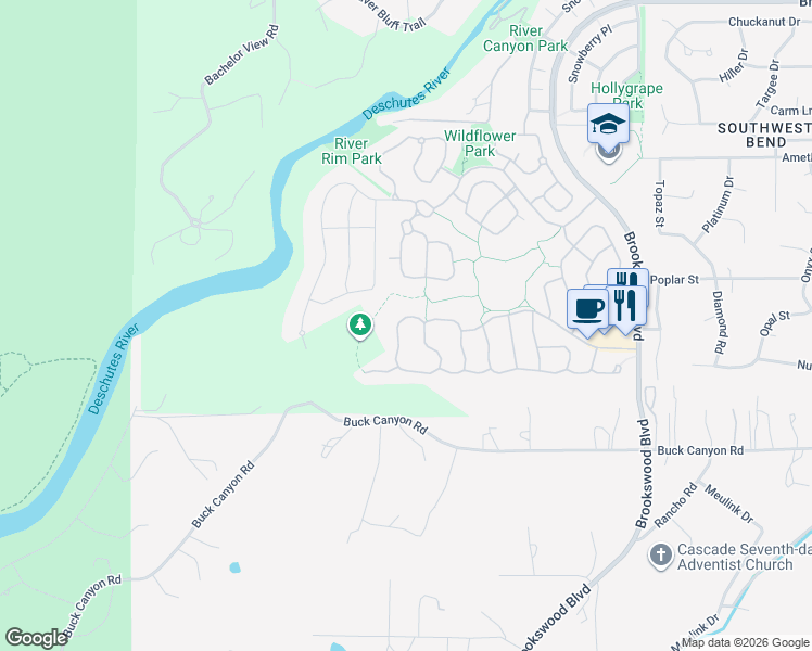 map of restaurants, bars, coffee shops, grocery stores, and more near 60891 Goldenwood Loop in Bend