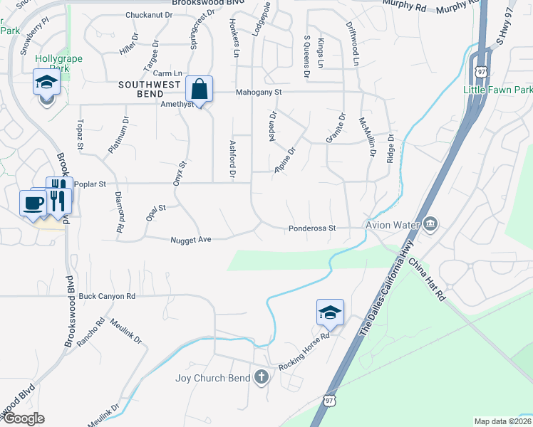 map of restaurants, bars, coffee shops, grocery stores, and more near 19828 Ponderosa Street in Bend