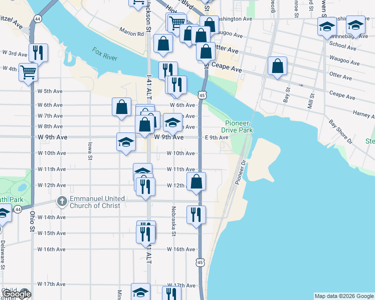 map of restaurants, bars, coffee shops, grocery stores, and more near 17A West 9th Avenue in Oshkosh