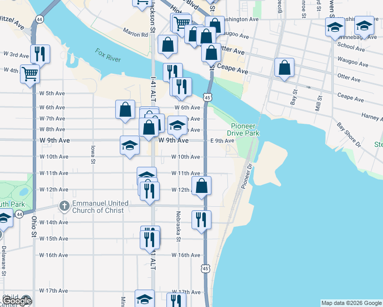 map of restaurants, bars, coffee shops, grocery stores, and more near 17A West 9th Avenue in Oshkosh