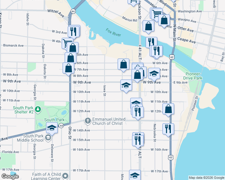 map of restaurants, bars, coffee shops, grocery stores, and more near 337 West 9th Avenue in Oshkosh
