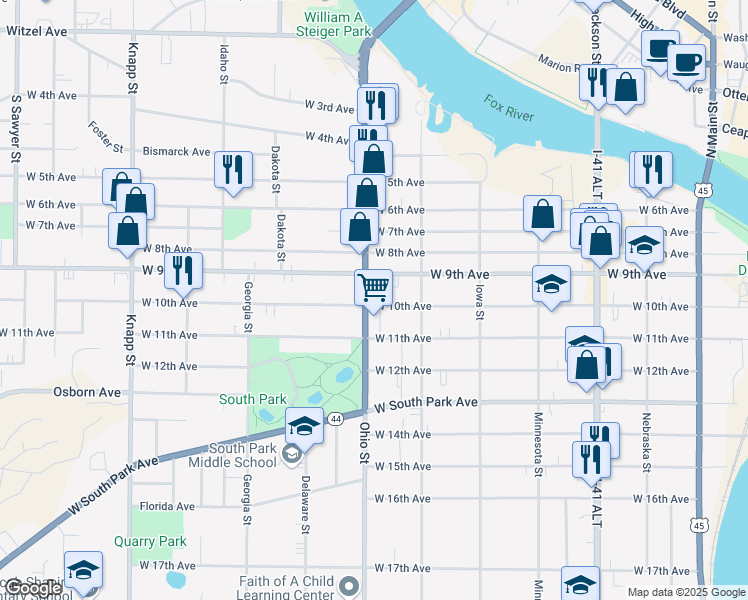 map of restaurants, bars, coffee shops, grocery stores, and more near 909 Ohio Street in Oshkosh