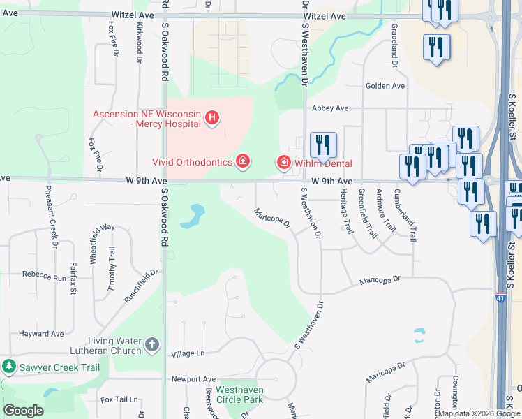 map of restaurants, bars, coffee shops, grocery stores, and more near 980 Maricopa Drive in Oshkosh