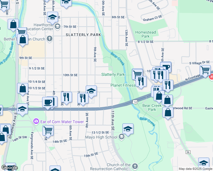 map of restaurants, bars, coffee shops, grocery stores, and more near 1010 10 1/2 Street Southeast in Rochester