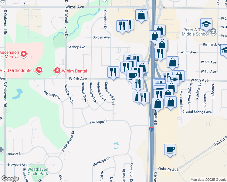 map of restaurants, bars, coffee shops, grocery stores, and more near 1000 Cumberland Trail in Oshkosh