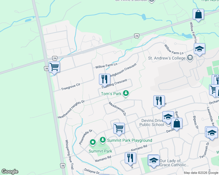 map of restaurants, bars, coffee shops, grocery stores, and more near 49 Tribbling Crescent in Aurora