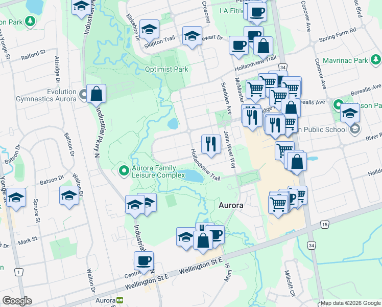 map of restaurants, bars, coffee shops, grocery stores, and more near 108 Hollandview Trail in Aurora