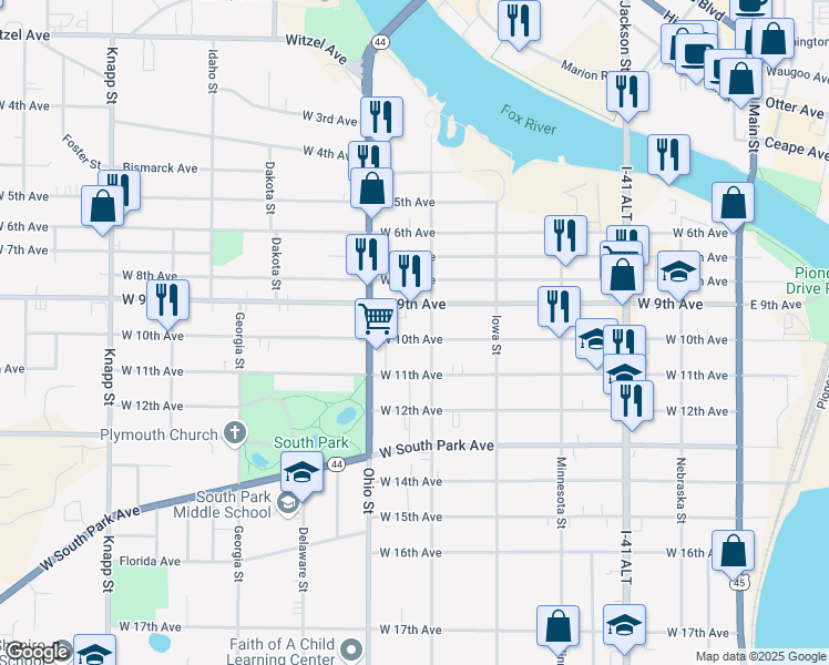 map of restaurants, bars, coffee shops, grocery stores, and more near 527 West 9th Avenue in Oshkosh