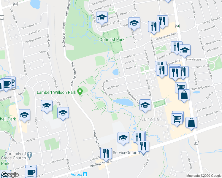 map of restaurants, bars, coffee shops, grocery stores, and more near 15 Mugford Road in Aurora