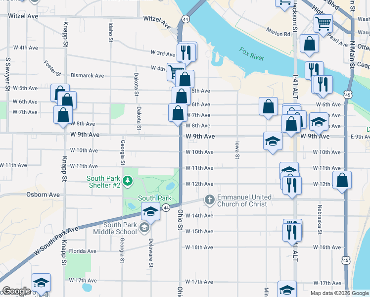 map of restaurants, bars, coffee shops, grocery stores, and more near 909 Ohio Street in Oshkosh