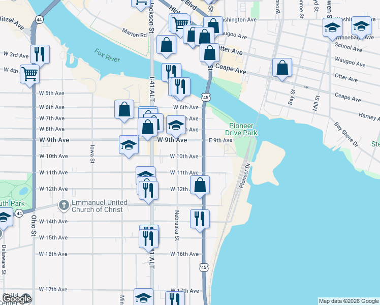 map of restaurants, bars, coffee shops, grocery stores, and more near 17A West 9th Avenue in Oshkosh