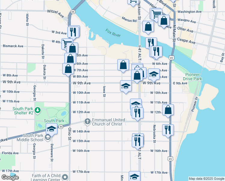 map of restaurants, bars, coffee shops, grocery stores, and more near 337 West 9th Avenue in Oshkosh