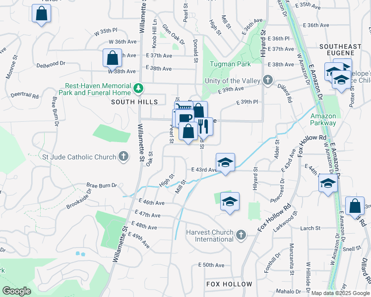 map of restaurants, bars, coffee shops, grocery stores, and more near 295 East 41st Avenue in Eugene