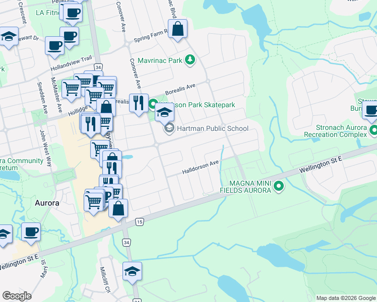map of restaurants, bars, coffee shops, grocery stores, and more near 36 Nicklaus Drive in Aurora