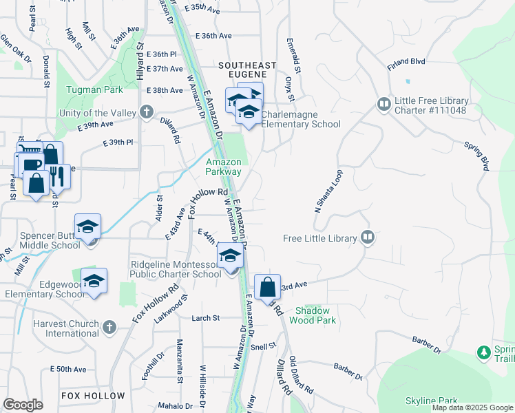 map of restaurants, bars, coffee shops, grocery stores, and more near 4097 Potter Place in Eugene