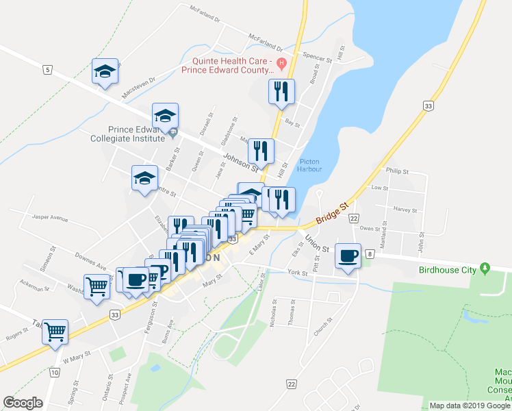 map of restaurants, bars, coffee shops, grocery stores, and more near 335 Main Street East in Prince Edward