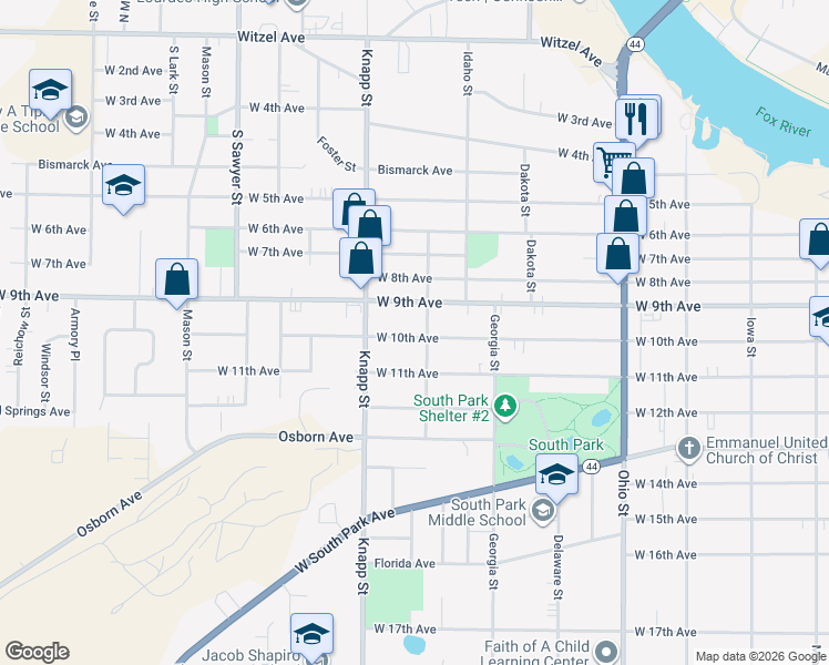 map of restaurants, bars, coffee shops, grocery stores, and more near 908 West 10th Avenue in Oshkosh