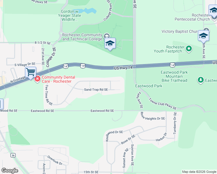map of restaurants, bars, coffee shops, grocery stores, and more near 2802 Tee Time Road Southeast in Rochester