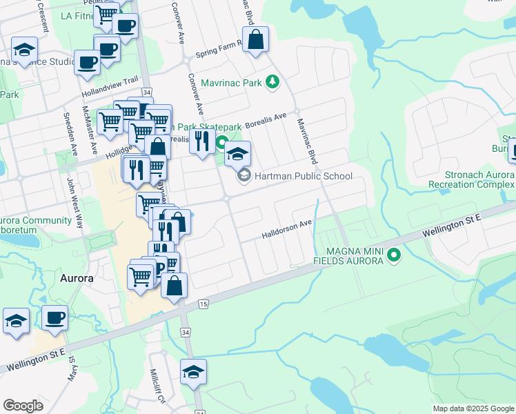 map of restaurants, bars, coffee shops, grocery stores, and more near Ames Crescent in Aurora