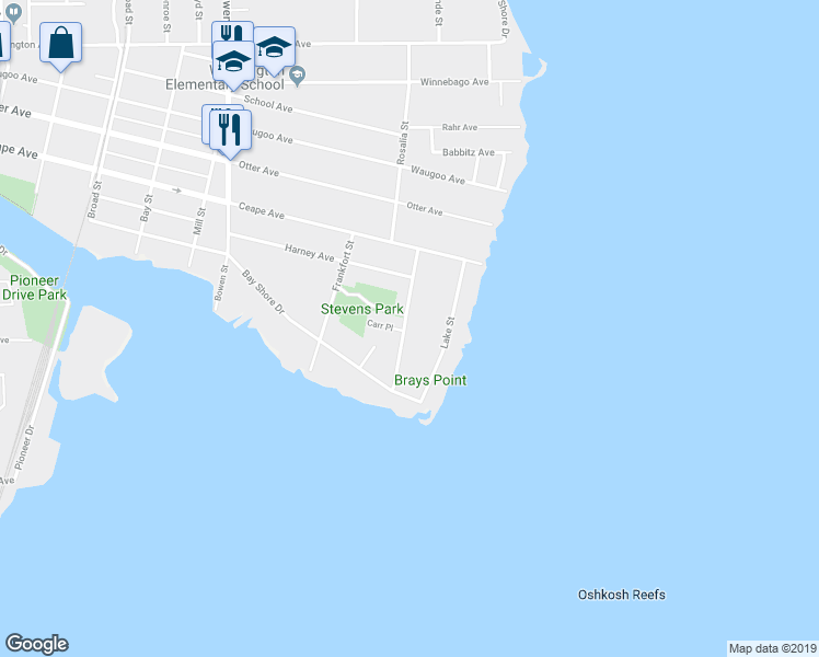 map of restaurants, bars, coffee shops, grocery stores, and more near 40 Eveline Street in Oshkosh