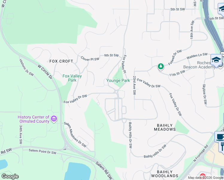 map of restaurants, bars, coffee shops, grocery stores, and more near 1005 Foxwoods Court Southwest in Rochester