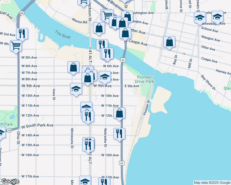 map of restaurants, bars, coffee shops, grocery stores, and more near 17A West 9th Avenue in Oshkosh