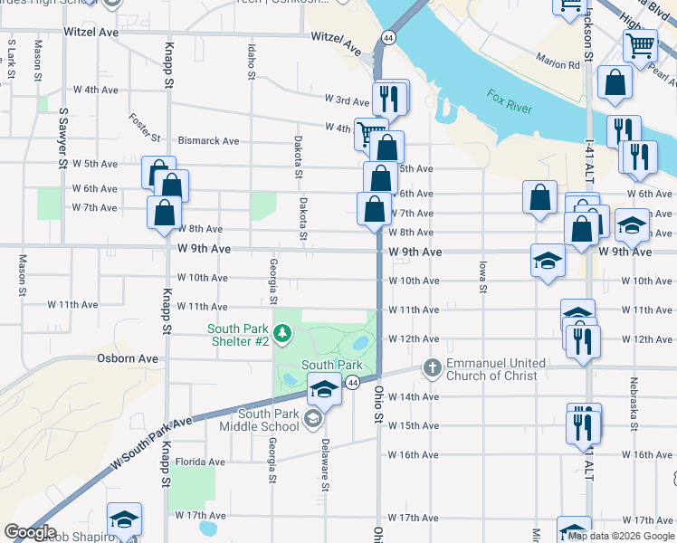 map of restaurants, bars, coffee shops, grocery stores, and more near 635 West 9th Avenue in Oshkosh