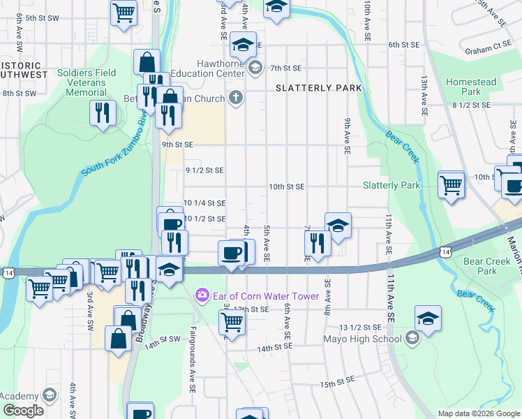 map of restaurants, bars, coffee shops, grocery stores, and more near 1022 4th Avenue Southeast in Rochester