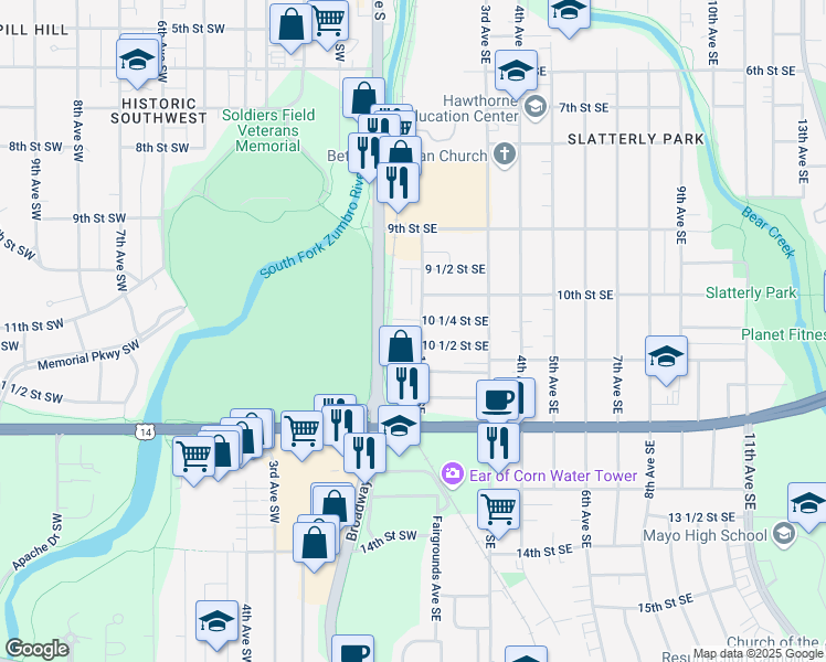 map of restaurants, bars, coffee shops, grocery stores, and more near 1025 1st Avenue Southeast in Rochester