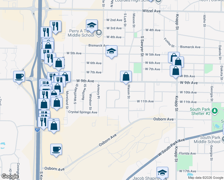 map of restaurants, bars, coffee shops, grocery stores, and more near 1430 Cambridge Avenue in Oshkosh