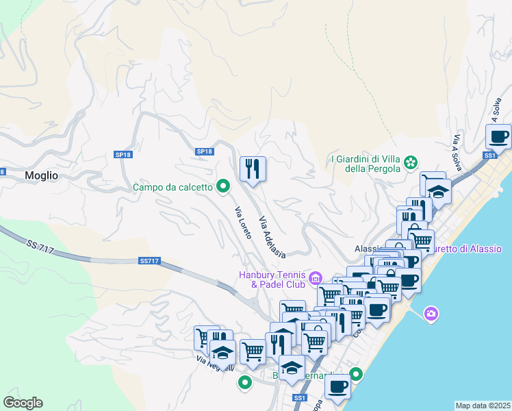 map of restaurants, bars, coffee shops, grocery stores, and more near 44 Via Adelasia in Alassio