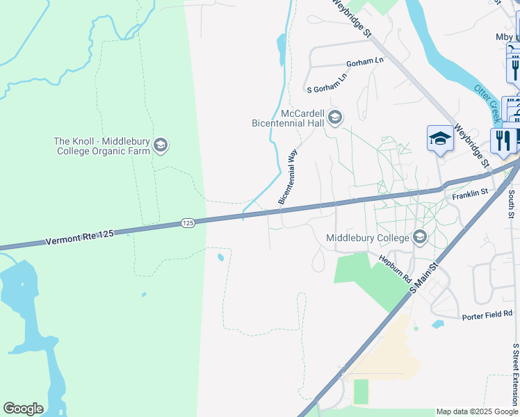 map of restaurants, bars, coffee shops, grocery stores, and more near 178 College Street in Middlebury