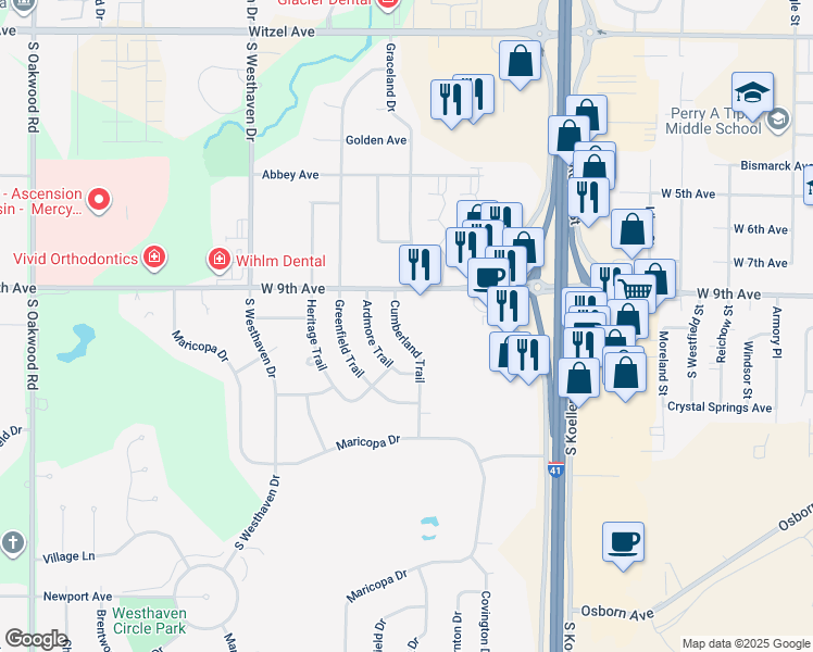 map of restaurants, bars, coffee shops, grocery stores, and more near 1030 Cumberland Trail in Oshkosh