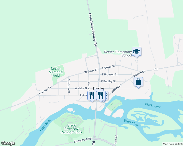 map of restaurants, bars, coffee shops, grocery stores, and more near 126 East Bronson Street in Dexter