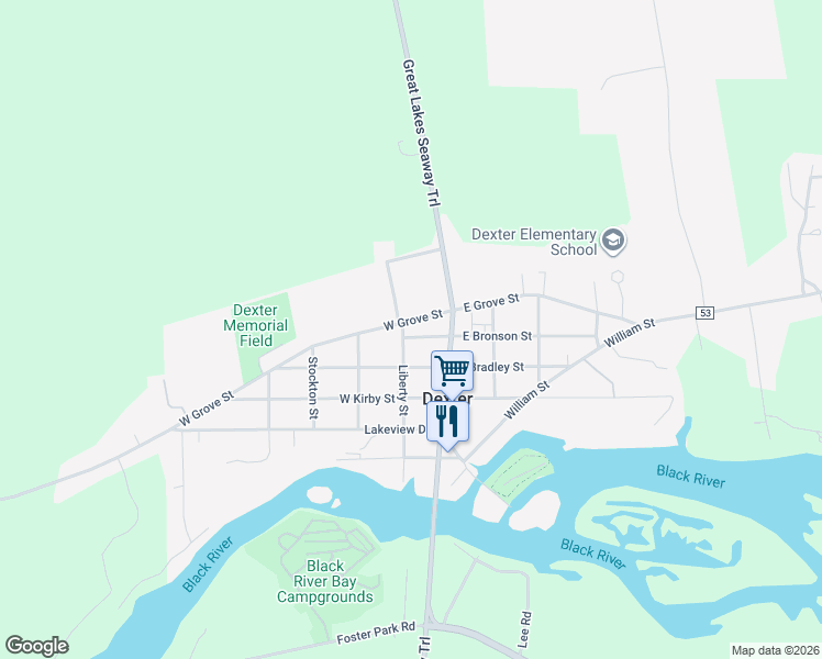 map of restaurants, bars, coffee shops, grocery stores, and more near 126 East Bronson Street in Dexter