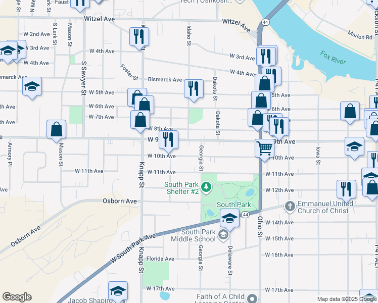 map of restaurants, bars, coffee shops, grocery stores, and more near 827 West 9th Avenue in Oshkosh