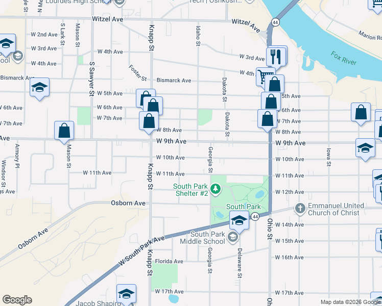 map of restaurants, bars, coffee shops, grocery stores, and more near 827 West 9th Avenue in Oshkosh