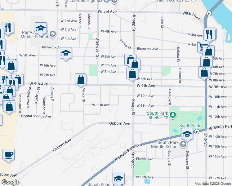 map of restaurants, bars, coffee shops, grocery stores, and more near 1050 West 10th Avenue in Oshkosh