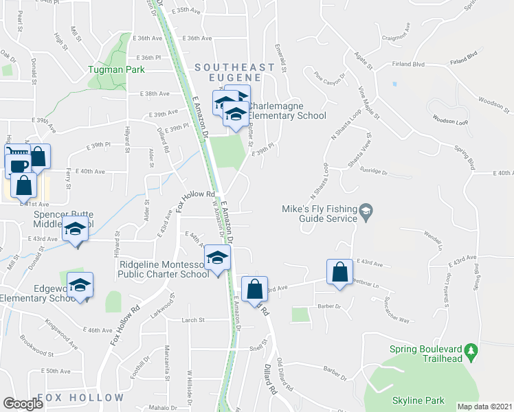 map of restaurants, bars, coffee shops, grocery stores, and more near 1196 East 41st Avenue in Eugene