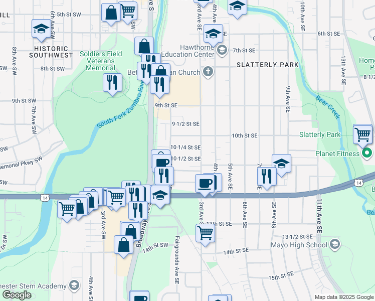 map of restaurants, bars, coffee shops, grocery stores, and more near 216 10 1/4 Street Southeast in Rochester